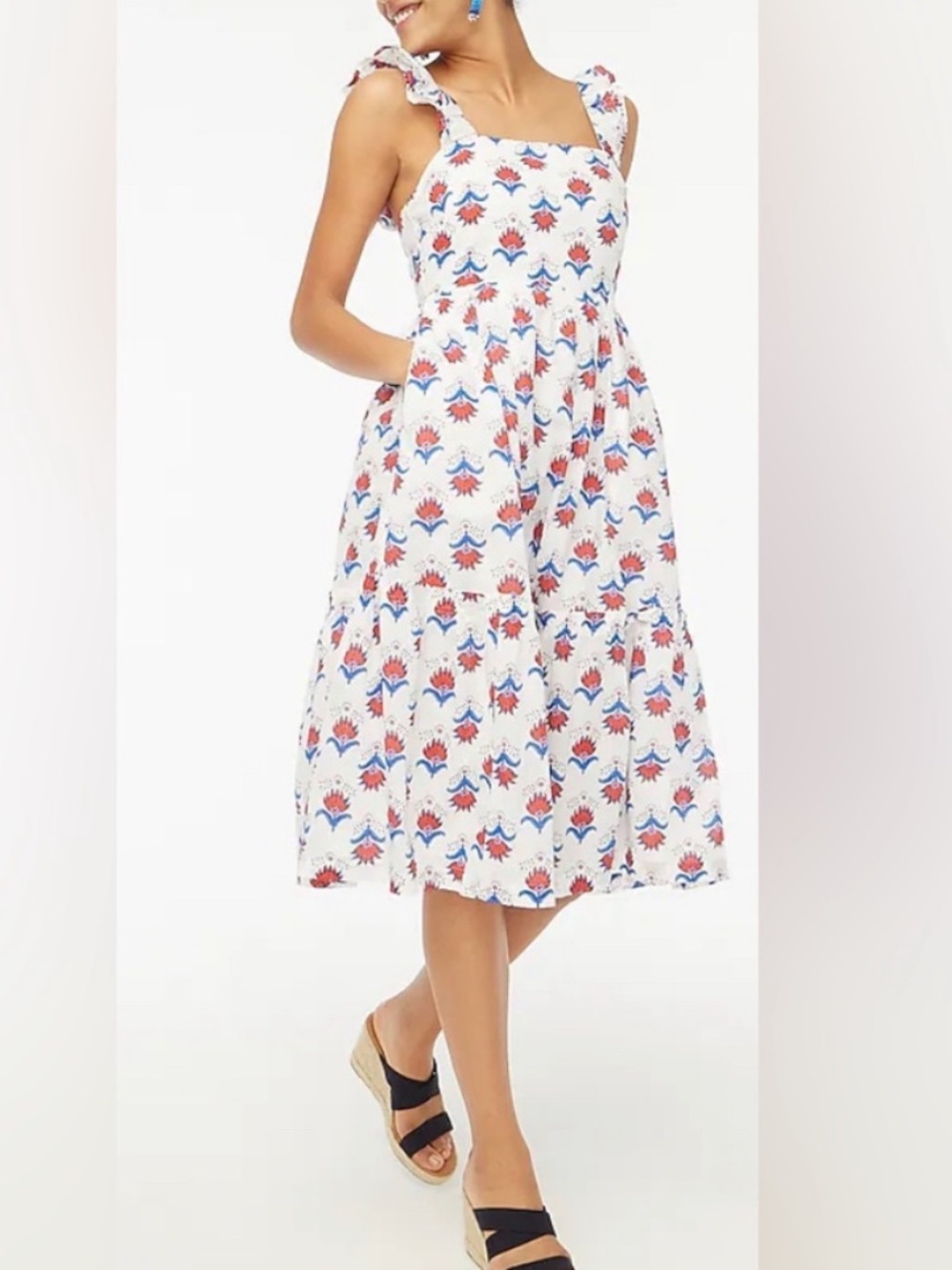 J. Crew Factory Square Neck Red & Blue Patterned Dress